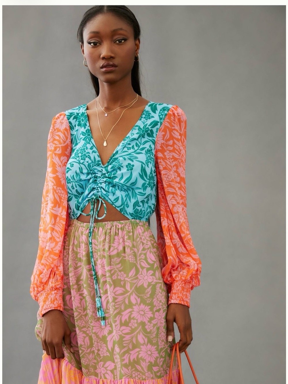 Farm Rio Anthropologie  Cut Out Floral Maxi Dress with Drawstring